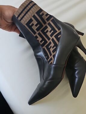 Fendi Black Leather Pointed Sock Ankle Boots with Brown Logo Knit
